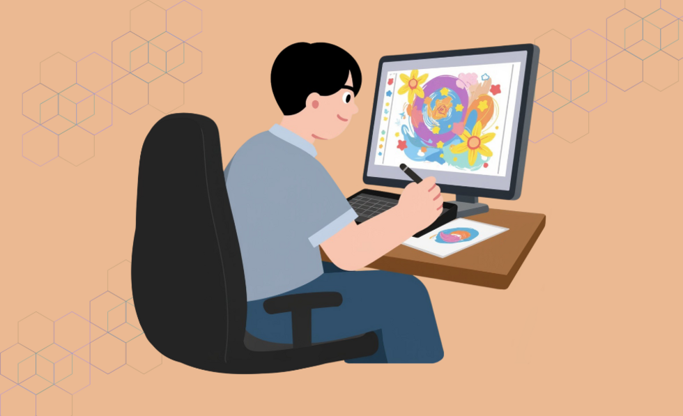 Grafik mit Illustration zum Kommunikationsdesigner