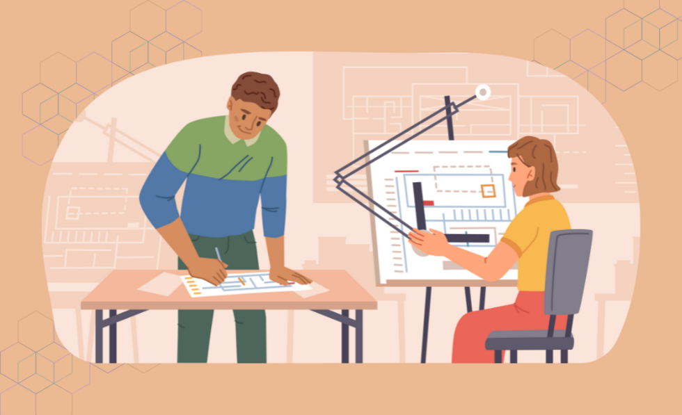 Grafik mit Architekt und Architektin bei der Arbeit