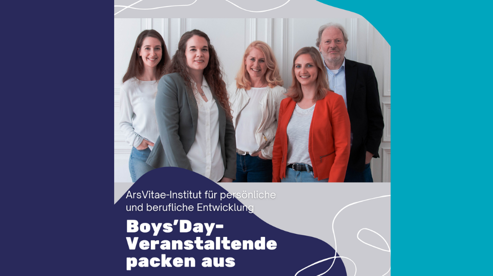 Grafik mit Mitarbeitenden des ArsVitae-Institus und dem Schriftzug Boys'Day-Veranstaltende packen aus