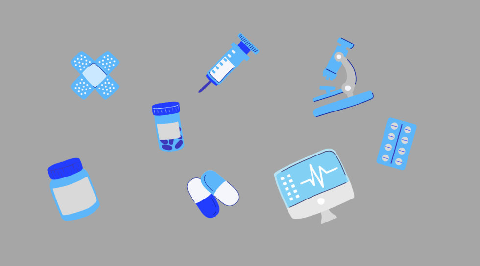 Grafik mit gezeichneten pharmazeutischen Abbildungen